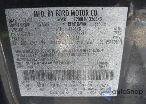 2008 Ford F-150 Fx4/Lariat/Xl/Xlt из США, поврежденный, VIN 1FTPX14V48FB24030